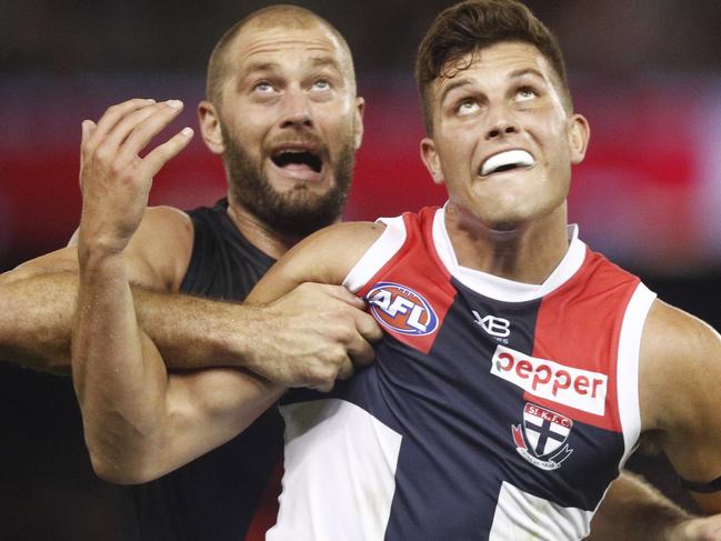 Tom Bellchambers of the Bombers and Rowan Marshall of the Saints contest the ruck during the Round 2 AFL match between the Essendon Bombers and St Kilda Saints at Marvel Stadium, Melbourne, Saturday, March 30, 2019. (AAP Image/Daniel Pockett) NO ARCHIVING, EDITORIAL USE ONLY