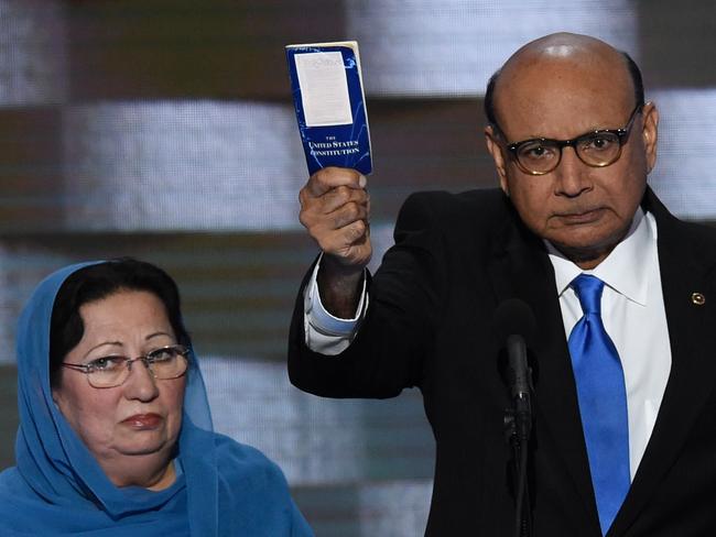 Ghazala and Khizr Khan, the parents of fallen Muslim American soldier Humayun Khan, speak at the Democratic National Convention in 2016. Picture: AFP/Saul Loeb
