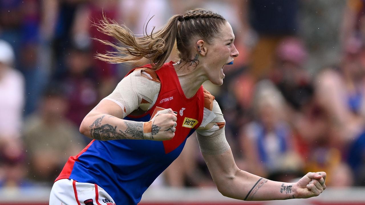 Tayla Harris celebrates a goal. Picture: Matt Roberts/AFL Photos/Getty Images.