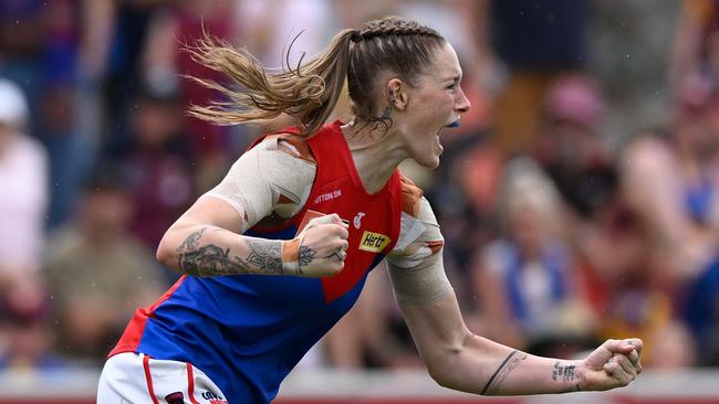 Tayla Harris celebrates a goal. Picture: Matt Roberts/AFL Photos/Getty Images.