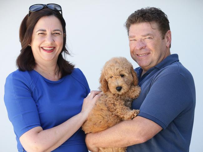 Premier Annastacia Palaszczuk with partner Shaun Drabsch and Winton the groodle.