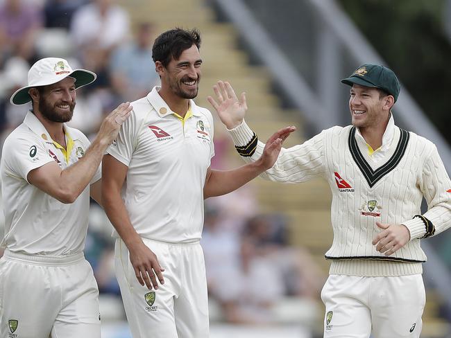 WORCESTER, ENGLAND - AUGUST 07: Mitchell Starc of Australia celebrates with Tim Paine of Australia after taking the wicket of Josh Dell of Worcestershire during day one of the Tour Match between Worcester CCC and Australia at New Road on August 07, 2019 in Worcester, England. (Photo by Ryan Pierse/Getty Images)