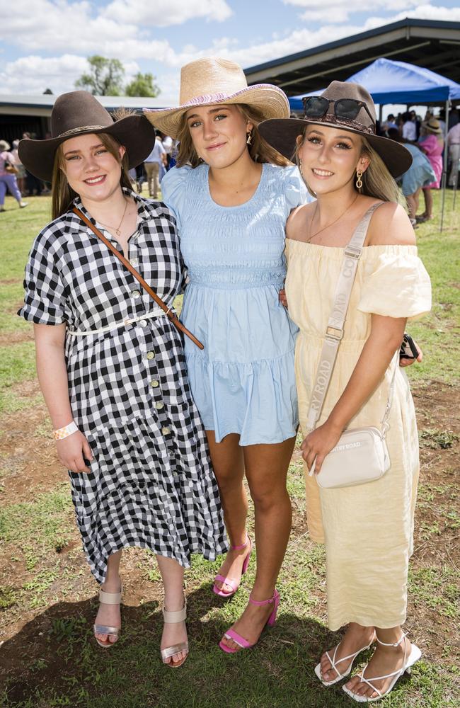 At the Clifton Races are (from left) Kahlia Kucks, Jacinta Kucks and Georgette May, Saturday, October 28, 2023. Picture: Kevin Farmer