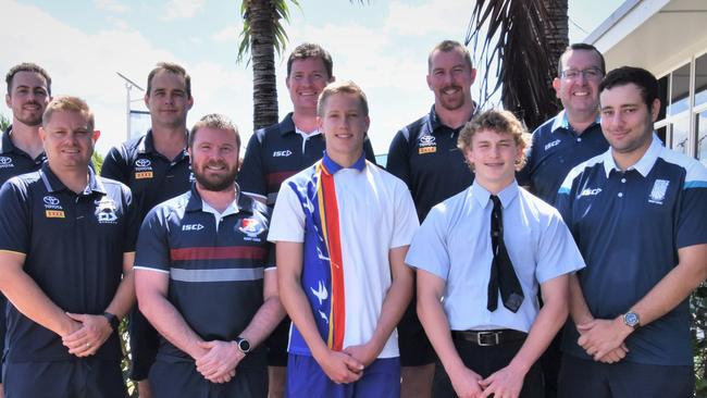 ​St Patrick’s College rugby league stars Jaxon Purdue and Xavier Kerrisk with Cowboys staff members Glenn Hall (Head of NRL Elite Pathways); Steve Sheppard (Elite Pathways coach); Dane Campbell (Club Recruitment Manager) and Liam Bartlett (Elite Pathways Strength &amp; Conditioning Coach); St Patrick’s and Mercy College sports co-ordinators Chad Buckby and Matthew Paul; newly appointed Mercy College Cowboys Challenge coach Tom Gaviglio and Mercy College Assistant Principal Curriculum Scott McSherry.