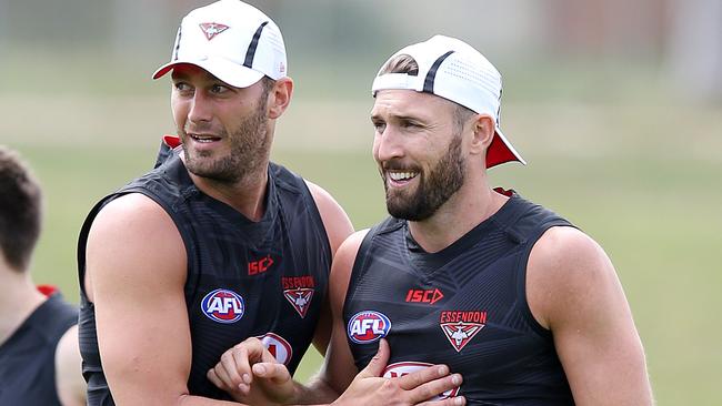 Tom Bellchambers and Cale Hooker at Essendon training. Picture: Michael Klein