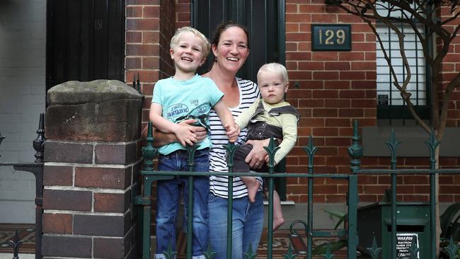 Angie with her sons, Harry, 4, and Charlie, 1, at their Surry Hills terrace, which sold for $2.3m in just three weeks. Picture: John Feder