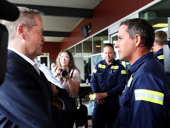 An engineer talks to Labor leader Bill Shorten about high income tax relief.  NEWS2019ELECTION 23/4/2019. DAY 13Opposition Leader Bill Shorten talking to workers at GPC with Shadow Minister for Employment and Workplace Relations, Brendan Oâ€™Connor, Shadow Minter for Immigration, Shayne Neumann, Shadow Minister for Trade, Investment, Resources and Northern Australia, Jason Clare and Labor candidate for Flynn, Zac Beers at Gladstone Port in  QLD. Picture Kym Smith