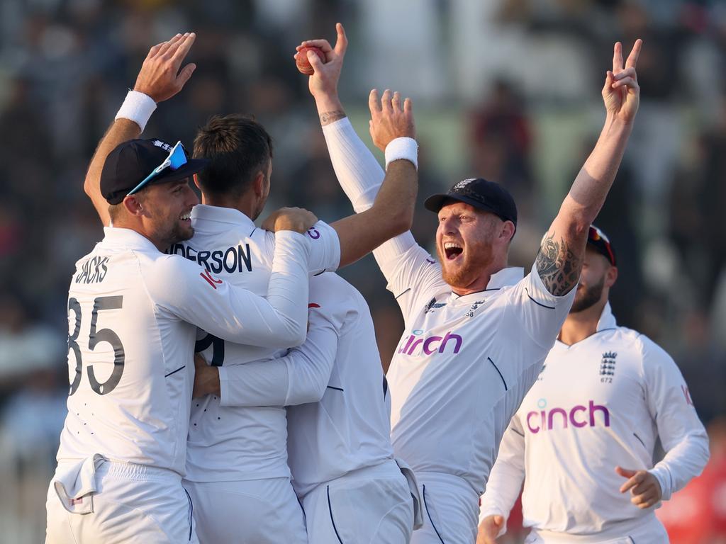 James Anderson of England celebrates with Ben Stokes after taking the wicket of Haris Rauf. (Photo by Matthew Lewis/Getty Images)