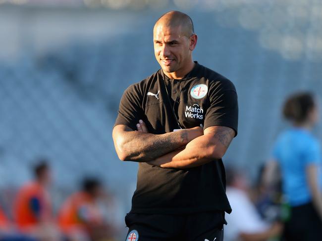 GOSFORD, AUSTRALIA - MARCH 20: Patrick Kisnorbo interim coach of Melbourne City looks on during the round 24 A-League match between the Central Coast Mariners and Melbourne City at Central Coast Stadium on March 20, 2020 in Gosford, Australia. (Photo by Ashley Feder/Getty Images)
