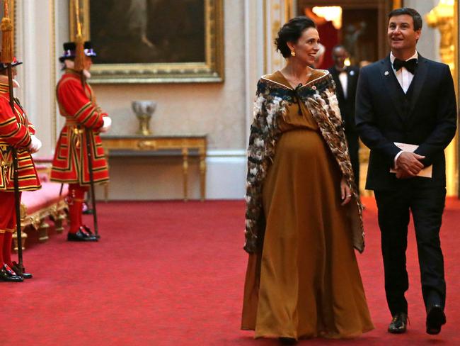 Jacinda Ardern and her partner Clark Gayford arrive at Buckingham Palace during the Queen’s dinner CHOGM this month. Picture: AP