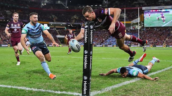 Corey Oates was injured while scoring this try for the Maroons. Picture: Getty Images