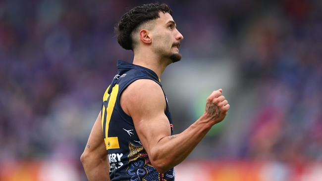 Izak Rankine of the Crows celebrates kicking a goal during the round 10 AFL match between Western Bulldogs and Adelaide Crows at Mars Stadium on May 20, 2023 in Ballarat, Australia. (Photo by Graham Denholm/AFL Photos via Getty Images )