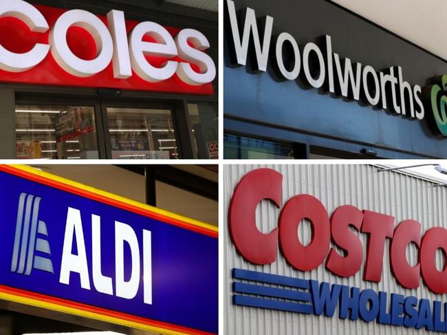 Coles, Woolworths, Aldi, Costco composite. Picture: NCA Newswire