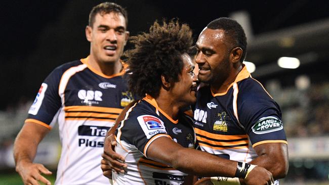 Brumbies Henry Speight celebrates after scoring a try during the Round 5 Super Rugby match between the Brumbies and the Sharks at GIO Stadium in Canberra, Saturday, March 17, 2018. (AAP Image/Mick Tsikas) NO ARCHIVING, EDITORIAL USE ONLY