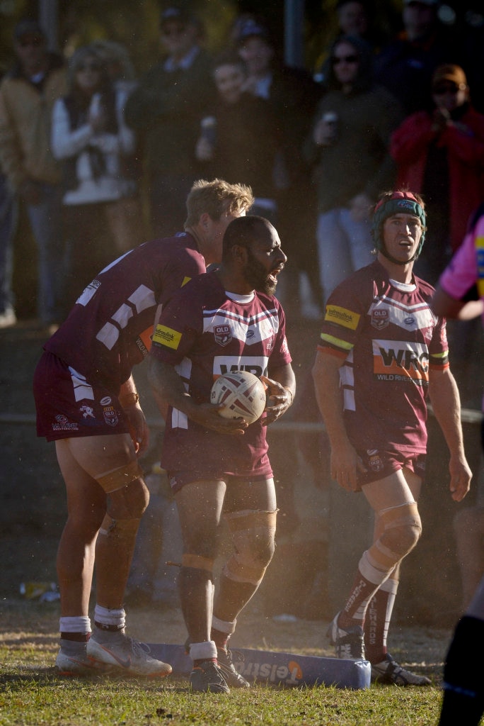 Alexander Ambia of Dalby Diehards appeals the Hugh Sedger try for Valleys Roosters in TRL Premiership qualifying final rugby league at Glenholme Park, Sunday, August 12, 2018. Picture: Kevin Farmer