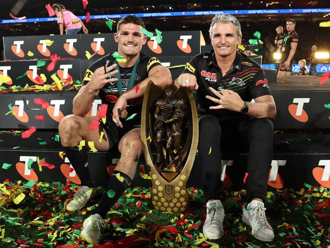 (L-R) Nathan and Ivan Cleary of the Panthers pose with the Provan-Summons Trophy after winning the 2023 NRL Grand Final. Picture: Getty Images