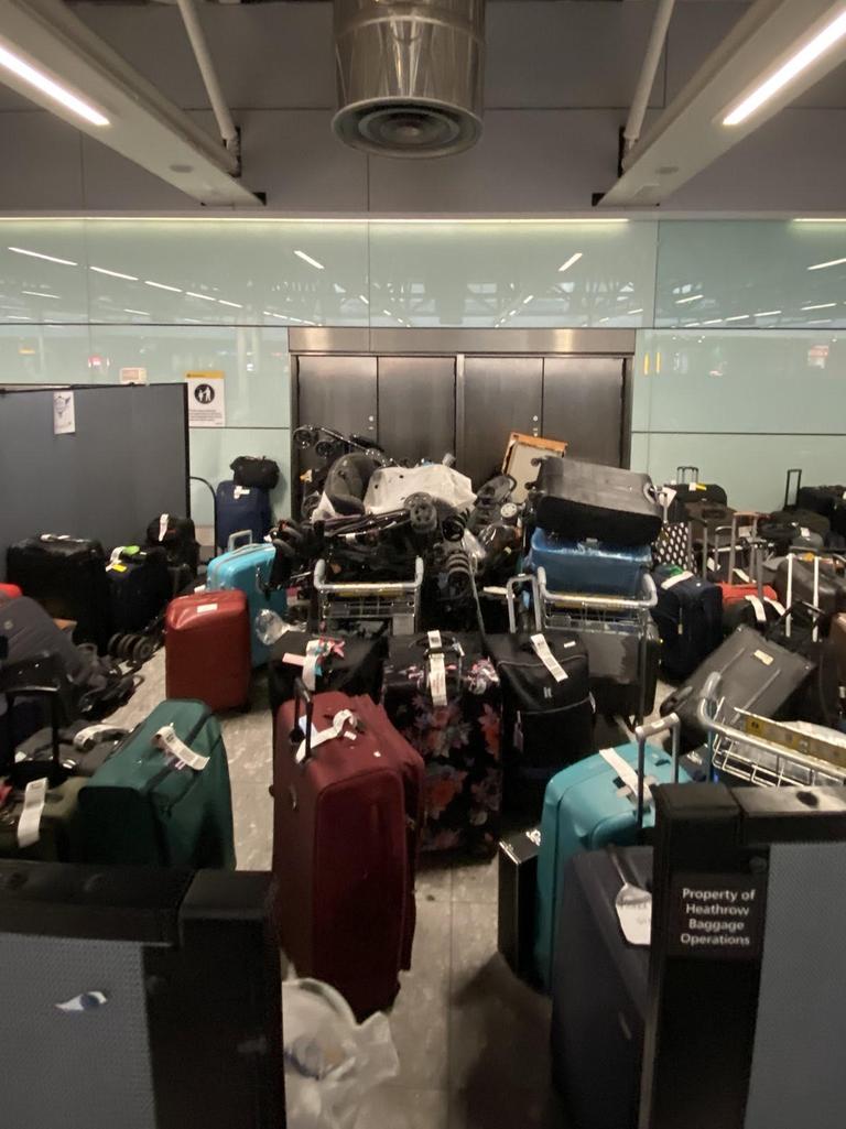 Mountains of lost bags seen at Heathrow Airport in London. Picture: Twitter/Aiden Ryan