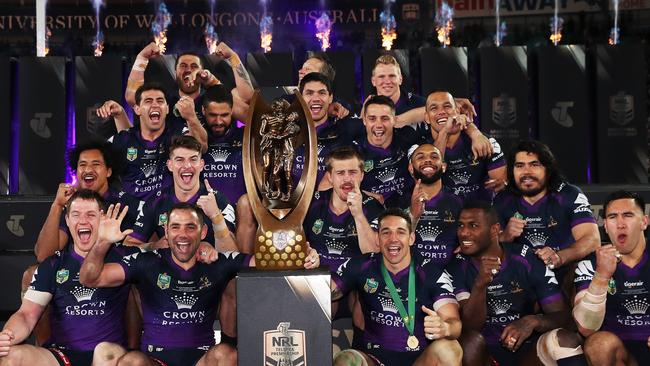 The Storm celebrate winning the 2017 NRL grand final at ANZ Stadium.