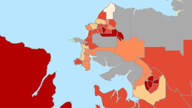 Australian Climate Service Heat-Health Risk Index shows where in the NT is most vulnerable to warmer weather. Picture: Supplied.