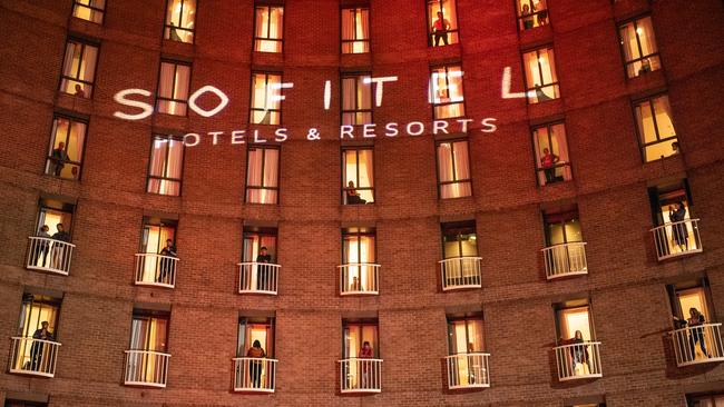 Quarantined hotel guests at the Sofitel Wentworth. Picture: James Gourley