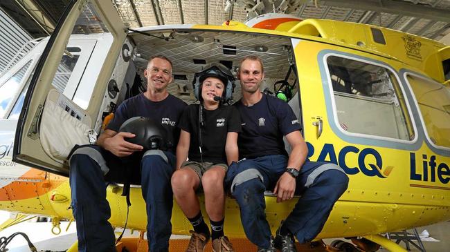 12 year-old RACQ Lifeflight recipient Connor Creagh meets the team that rescued him including Pilot  Andrew Caton and Doctor Oskar Larsson, Sunshine Coast. Photographer: Liam Kidston. Picture: Liam Kidston