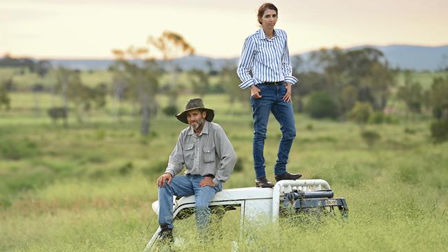 Graziers Cedric and Therese Creed at their property at Smoky Creek, north of Biloela. Farming land in the background will be used for a solar project. Picture: Lyndon Mechielsen