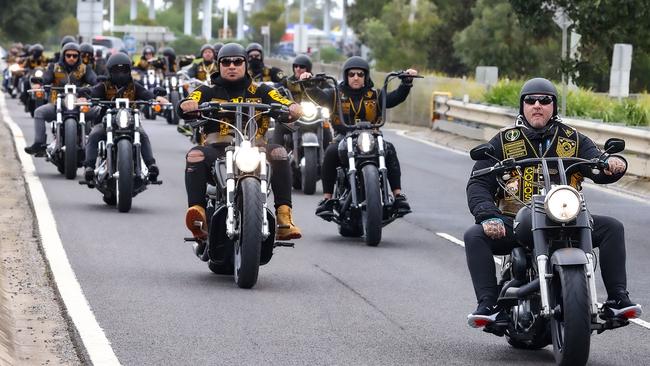 Comanchero Motorcycle Club President Mick Murray leads members into Tooradin for some lunch. Picture: Ian Currie