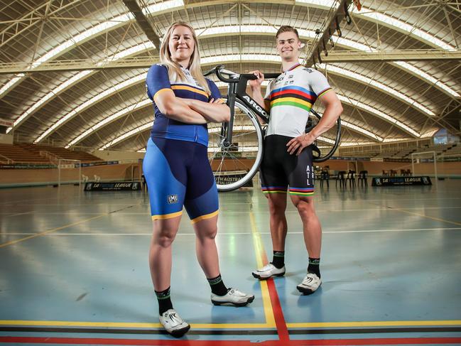 Launch of The Advertiser Track Down Under event, Stephanie Morton and Matt Glaetzer (World Champion jersey) at The Super Drome, Adelaide Monday November 19, 2018 - pic AAP/MIKE BURTON