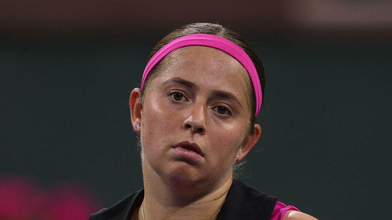 INDIAN WELLS, CALIFORNIA – MARCH 12: Jelena Ostapenko of Latvia reacts after losing a point in her loss to Petra Kvitova of The Czech Republic during the BNP Parisbas at the Indian Wells Tennis Garden on March 12, 2023 in Indian Wells, California. Harry How/Getty Images/AFP (Photo by Harry How / GETTY IMAGES NORTH AMERICA / Getty Images via AFP)