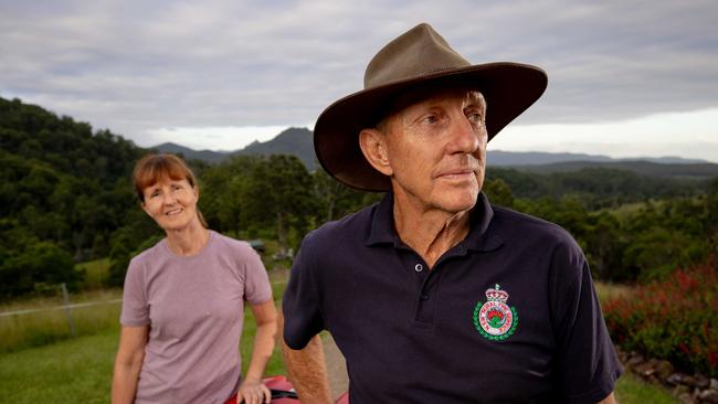 RFS volunteer Greg Hale and wife Gabi at their property in Killabakh, north of Taree. The town is still struggling over the effects of a 2019 bushfire. Picture: Lindsay Moller