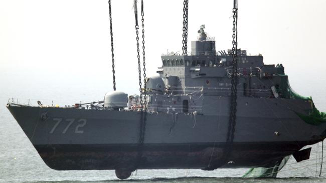 A section of the South Korean naval ship Cheonan, destroyed in a North Korean attack blamed on Kim Yong-chol in 2010. Picture: AP.