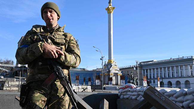 Former Ukrainian tennis star Sergiy Stakhovsky patrols Independence Square in Kyiv. Picture: AFP