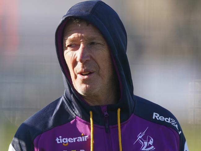 Craig Bellamy, coach of the Melbourne Storm looks on during a Melbourne Storm NRL training session at Goschs Paddock in Melbourne, Tuesday, June 9, 2020. (AAP Image/Scott Barbour) NO ARCHIVING