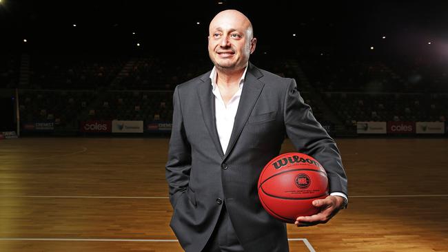 NBL owner and executive chairman Larry Kestelman poses at the announcement in February that the league’s 10th team would be based in Tasmania. Picture: Zak Simmonds