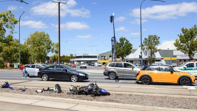 The scene of the crash between a motorbike and four cars at Port Road, Thebarton. Picture: Brenton Edwards