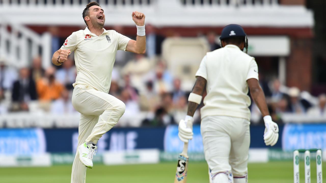 James Anderson celebrates taking the wicket of Lokesh Rahul. Picture: AFP