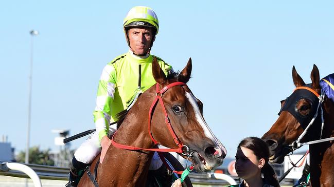 Nash Rawiller returns to scale after winning the Doomben 10,000 on Eduardo. Picture: Grant Peters – Trackside Photography