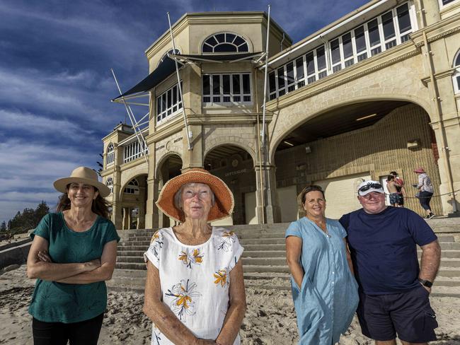 17/3/2022Opponents to Andrew Forrest's plans for a hotel redevelopment of the Indiana Tea House site at Perth's Cottesloe Beach, Columba Tierney and Patricia Carmichael and husband and wife Fiona and Jeffrey Irvine. Pic Colin Murty