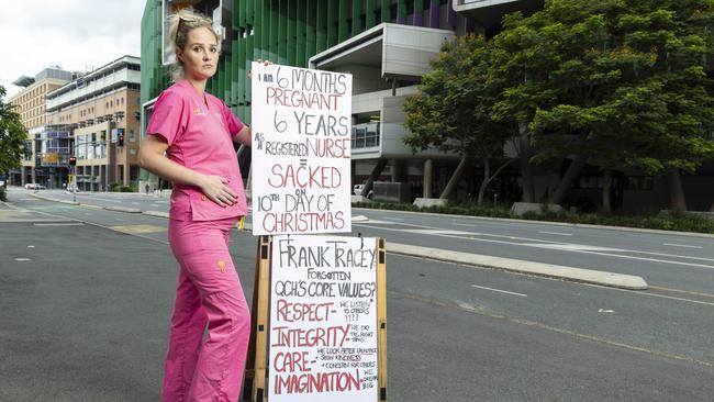 Former Registered Nurse Ella King outside Queensland Children's Hospital in South Brisbane after she was terminated. Picture: Richard Walker