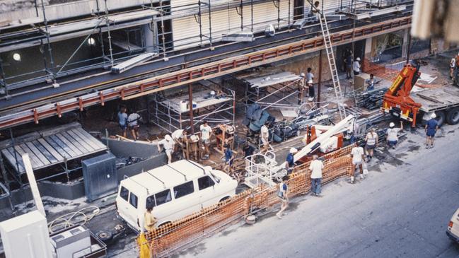 Looking down on construction of the Myer Centre in 1988. Photo: Gil Meland/State Library of Queensland.