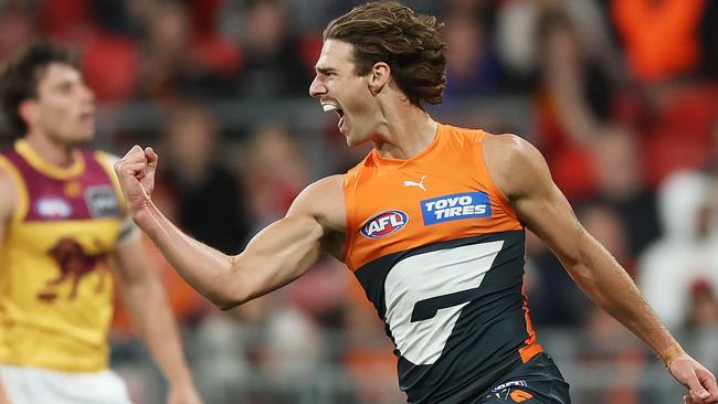 Key Crows recruit James Peatling celebrates kicking a goal for the Giants against Brisbane during last year’s finals. Picture: Mark Metcalfe/AFL Photos/via Getty Images