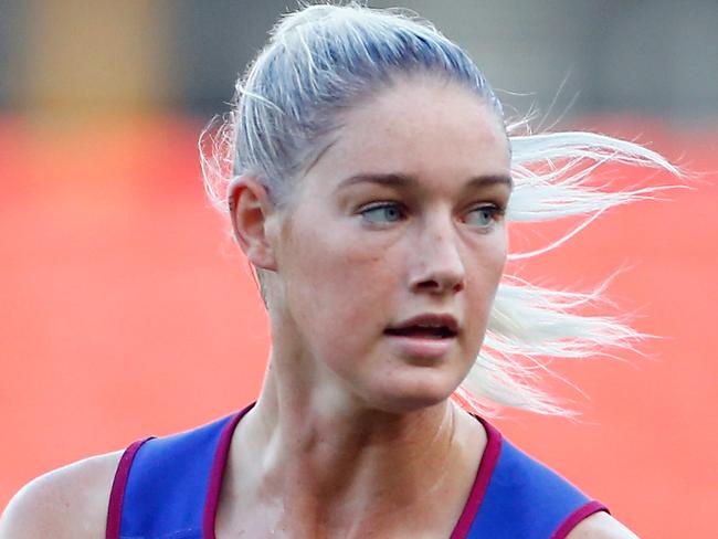 GOLD COAST  AUSTRALIA MARCH 24: Tayla Harris   in action  during the Brisbane Lions Women's AFL training session on March 24, 2017 in Gold Coast , Australia.  (Photo by Jason O'Brien/Getty Images)