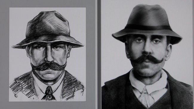 A sketch based on eyewitness descriptions of Jack the Ripper compared to a de-aged portrait of James Kelly in the Discovery Channel TV documentary 'Jack the Ripper in America'.