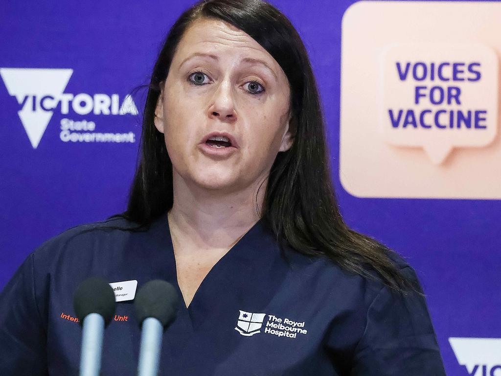 Michelle Spence, nursing manager at the Royal Melbourne Hospital, emotionally described the experience of healthcare workers as Victoria’s Covid-19 situation escalates. Picture: NCA NewsWire / Ian Currie