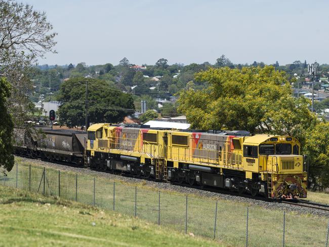 A Aurizon coal train is seen travelling through Toowoomba near Commonwealth Oval, Sunday, November 29, 2020. Picture: Kevin Farmer