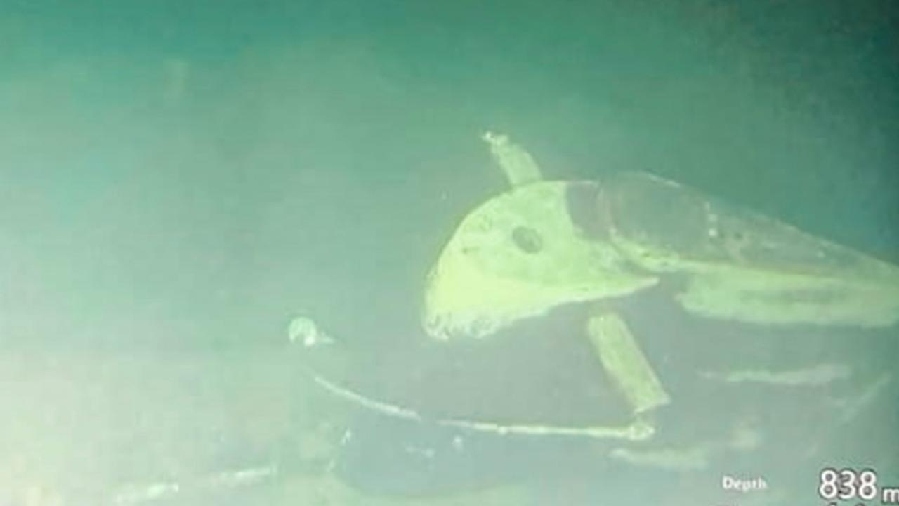 Parts of the submarine, found cracked on the sea floor. Picture: Indonesian military/AFP