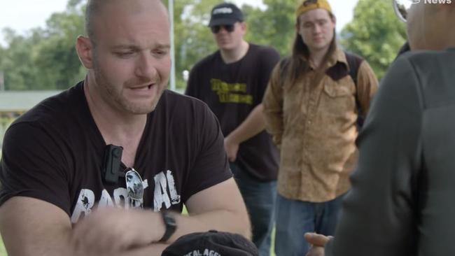 Christopher Cantwell told Vice’s Elle Reeve his group was peaceful but admitted to being violent during the weekend’s events. Picture: Screengrab/VICE