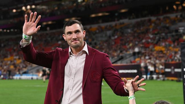 Corey Oates farewells the fans after announcing his retirement before the round three NRL match between Brisbane Broncos and North Queensland Cowboys at Suncorp Stadium, on Friday. Photo: Bradley Kanaris