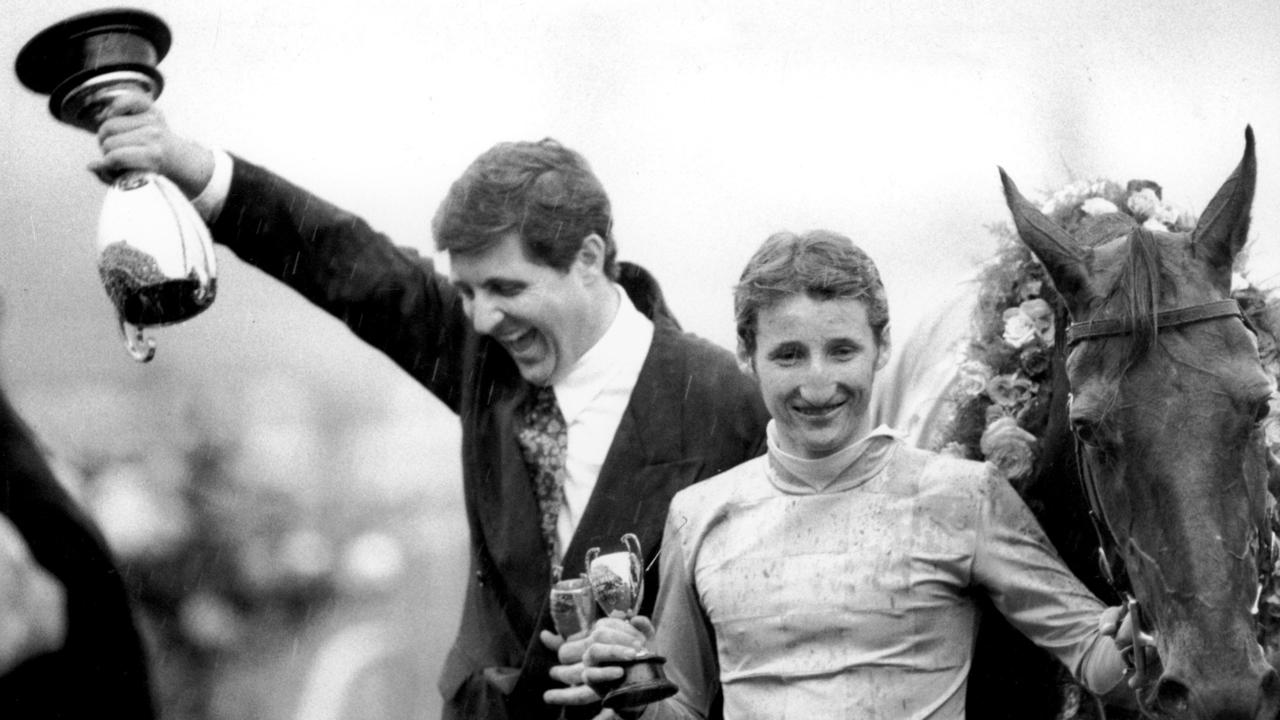 Damien Oliver and Lee Freedman celebrate the 1992 Caulfield Cup win of Mannerism. Neg: 921019/271