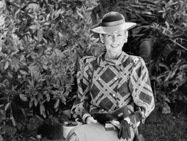 Lady Sonia McMahon sits on a chair in the courtyard of her home in Sydney, November 1, 1985. Picture: Peter O'Halloran.